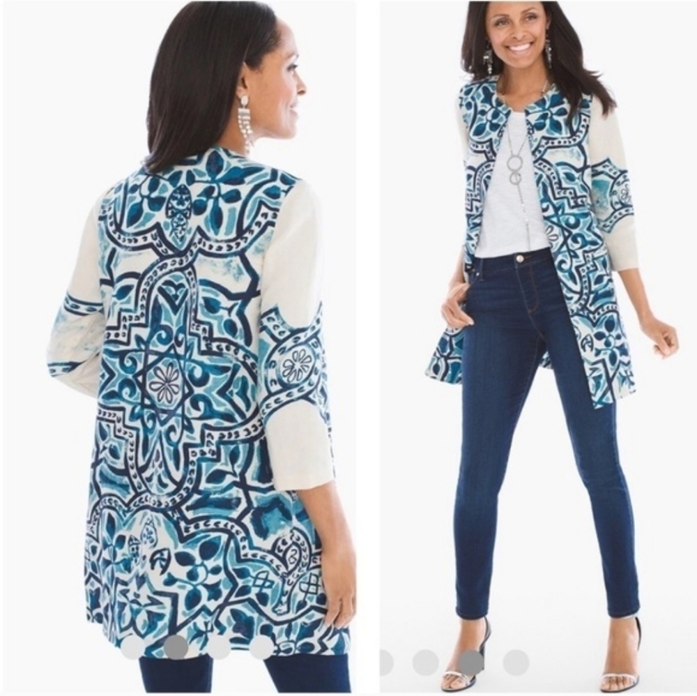 Chico’s Artisan Printed Linen Duster Batik Jacket 1 Medium